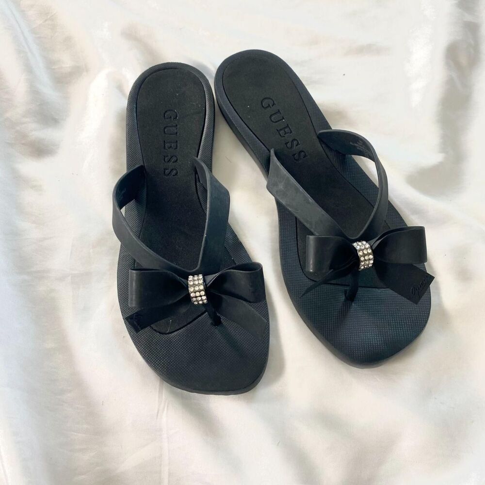 Guess Tutu Black Matte Jelly Flip Flop Sandals Large Rhinestone Bow US 9